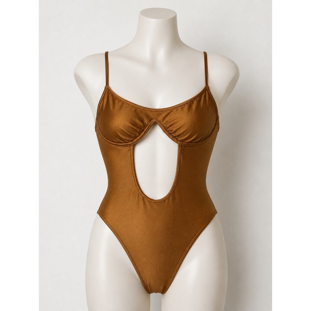 Icon Swim Women Gold Metallic Underwire Cutout One Piece Swimsuit Medium